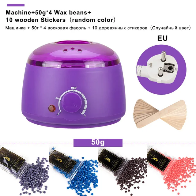 Hair Removal Wax-melt Machine Heater 200ml Wax Beans 10 Wood Stickers Hair Removal Machine Waxing Kit Calentador de cera Set 2 Purple EU plug