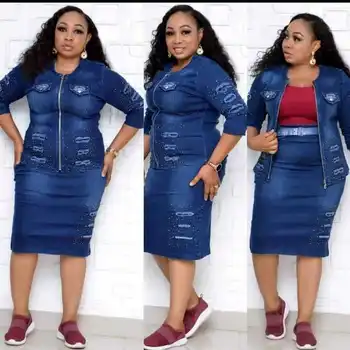 

African Denim Two Pieces Set Jeans Skirt Suit Women Outfits Zipper Top&Knee Length Suits Tracksuit Plus Size 2 Piece Set Autumn