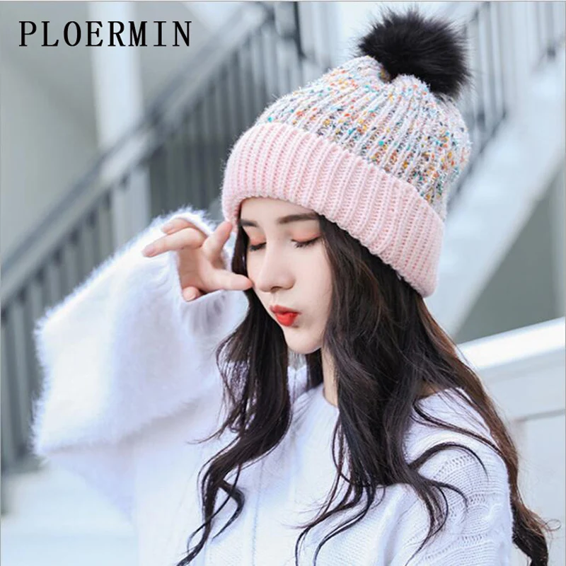 

PLOERMIN Woman Knit Beanie Hat Hairball Pom Pom Hats Female mixed color knitting Hat Winter Thick Warm Cute Girls Fashion Cap