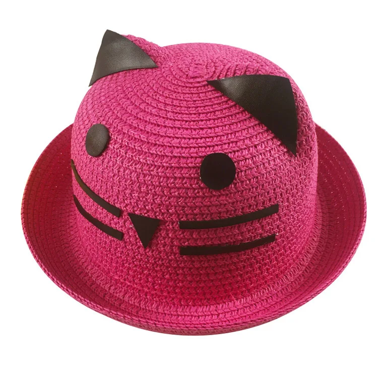Fushia Baby Cat Straw Summer Hat With Ears Candy Color Children Panama Hats For Kids Boys Girls Cap For 1-3 Years - Цвет: Fushia
