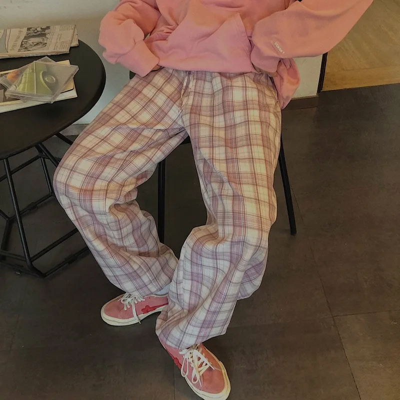 Plaid Pants Trousers Loose Pink HOUZHOU Autumn High-Waist Plus-Size Fashion Women All-Match
