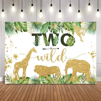 

Green leaves safari jungle party decoration two wild animals theme birthday party background woodland boho 2nd birthday backdrop