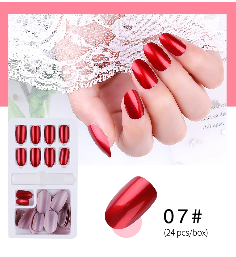 PinPai 24 Pcs/Set Shining False Nail Tips Reusable Full Cover Artificial Fake Tips Nails Press On Nails Art Fake Extension Tips