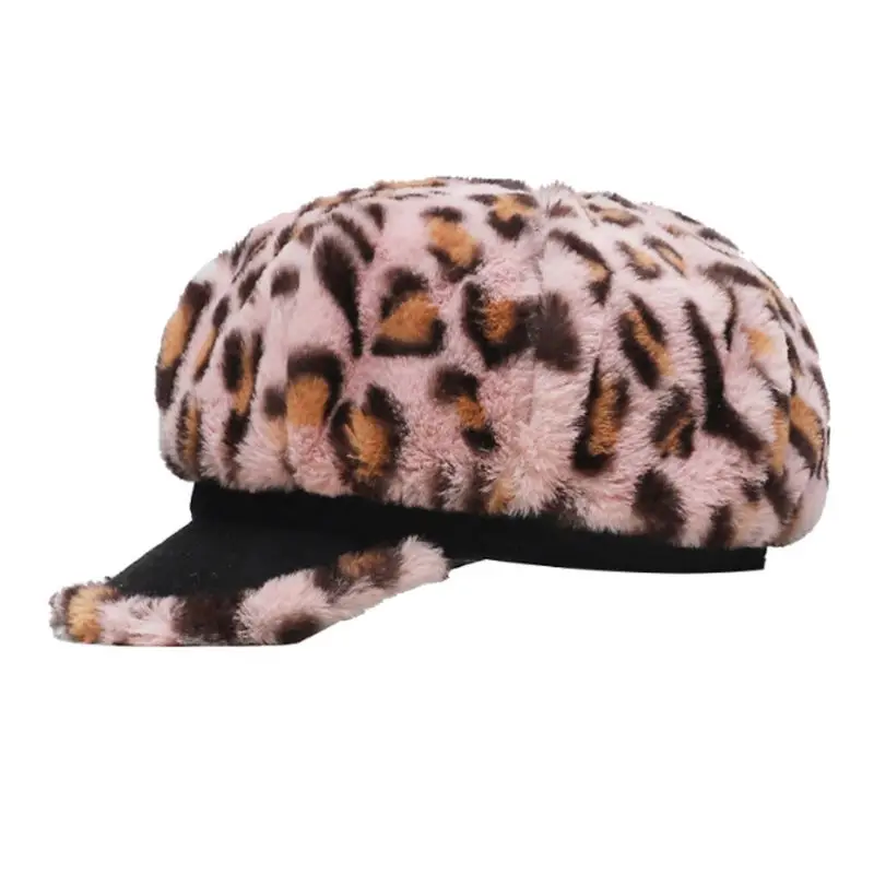 Розовый Для женщин зимние пушистые плюшевые Ретро берета с леопардовым принтом на плоской подошве наивысшего Бейсбол Кепки B0KD - Цвет: Розовый