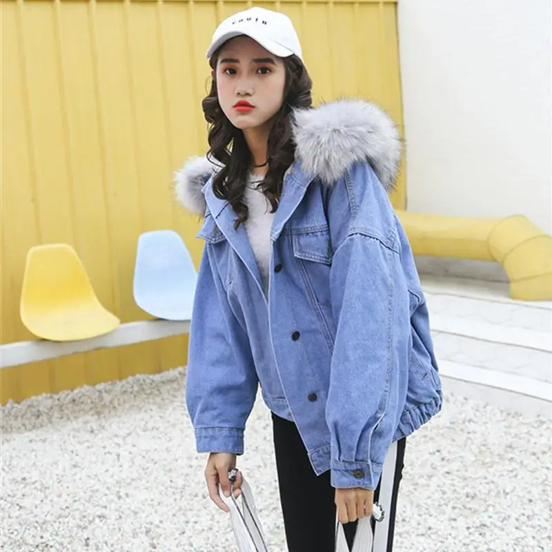 Женская джинсовая куртка с мехом, зимнее пальто с капюшоном для женщин ...