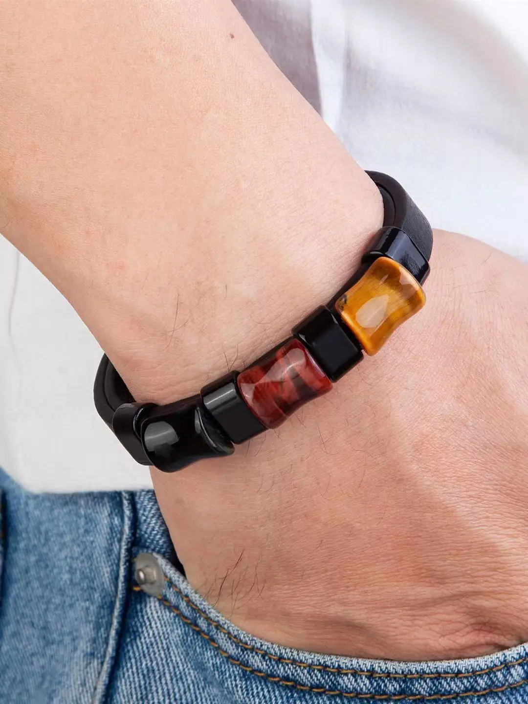 Men's Bracelet Tiger's Eye Leather Rope Stainless Steel bracelet jewelry