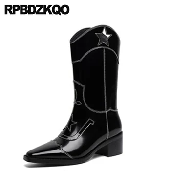 

luxury brand shoes women fall black genuine leather mid calf autumn slip on chunky boots designer high heel pointy pointed toe