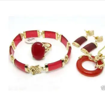 

Free shipping Jewelry Natural Red Jade Dragon Pendant Necklace Ring Bracelet Earring Set