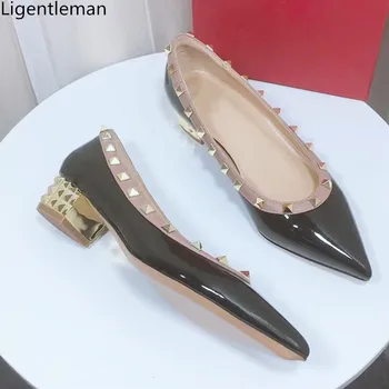 

Rivet Low Heels Shoes Woman Pump 2020 Black Genuine Leather Pointed Work Shoes Large Size Fashion Party Rivet Women Shoes Pumps