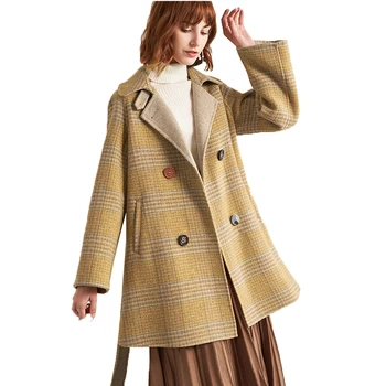 

Winter Fur Long Cashmere Wool Wrap Coats Womens Winter Yellow Plaid Coats Trench Woman Autumn Outerwear Overcoat Korean Clothes