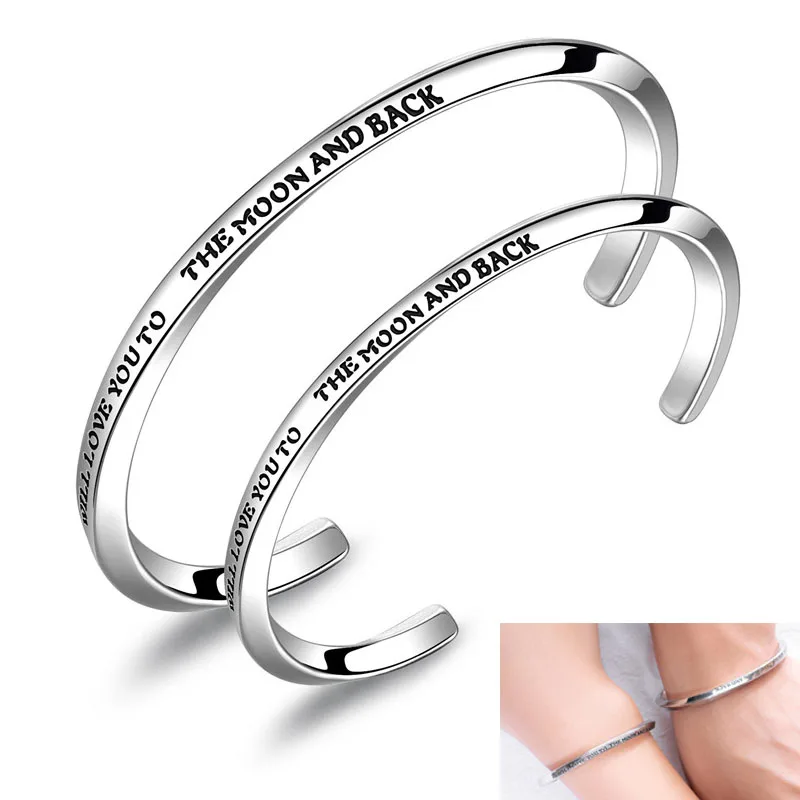 

2Pcs Classic I Will Love You To The Moon And Black Cuff bracelet For Couples Stainless Steel Open Bracelet Valentine's Day Gift