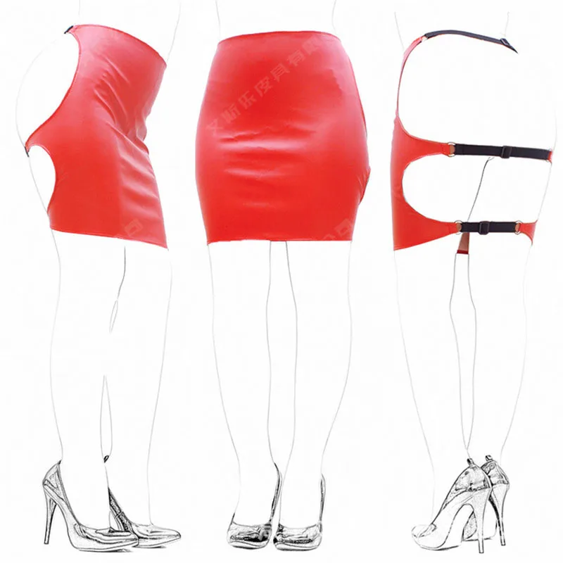 Female Sexy Wetlook Faux Leather Backless Mini Skirt Tight Fit 3 Buckles Fasten Erotic Lingerie Flirty Costume