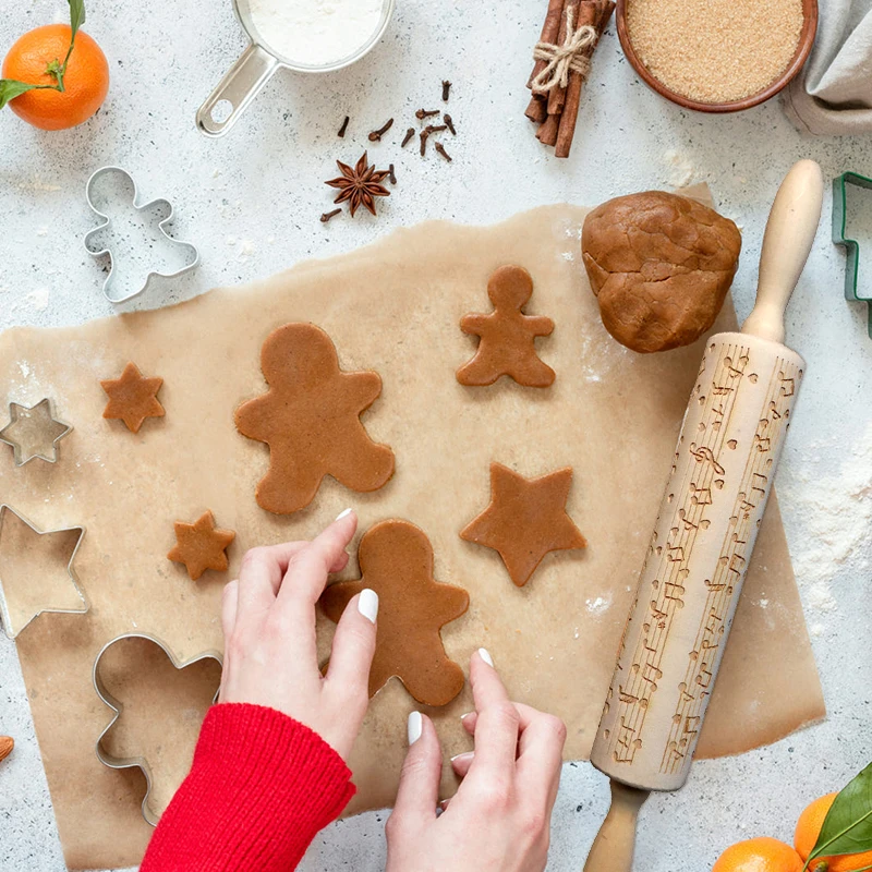 New Year Wooden Embossing Rolling Pin Christmas Party Cookies Baking Noodle Biscuit Cake Dough Rolling Tool Note Cat Pattern