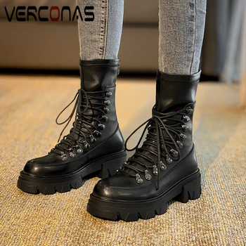 

VERCONAS Mid-Calf Boots For Women Autumn Winter Narrow Band Platform Shoes Woman Genuine Leather Fashion Casual Motorcycle Boots