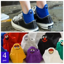 4 пары/партия, забавные Носки ярких цветов с вышитыми персонажами из мультфильмов, женские носки, модные короткие носки, милые женские носки, хлопковые носки