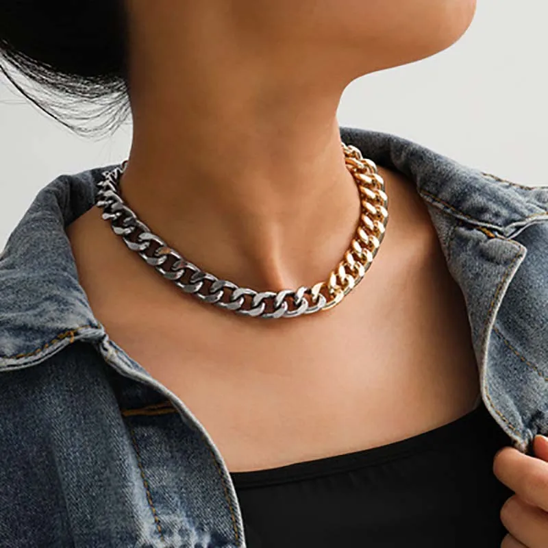 

Exaggeration Women's Cuban Chain Necklace Two Tone Choker Chain Cocktail Party Necklace Hip Hop Jewelry Accessories