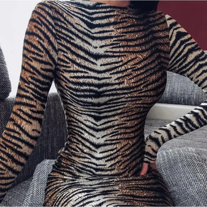2020  Spring  Leopard Party Dress women Elegant Sexy Club Bodycon Midi Dress Stretch Slim Dress