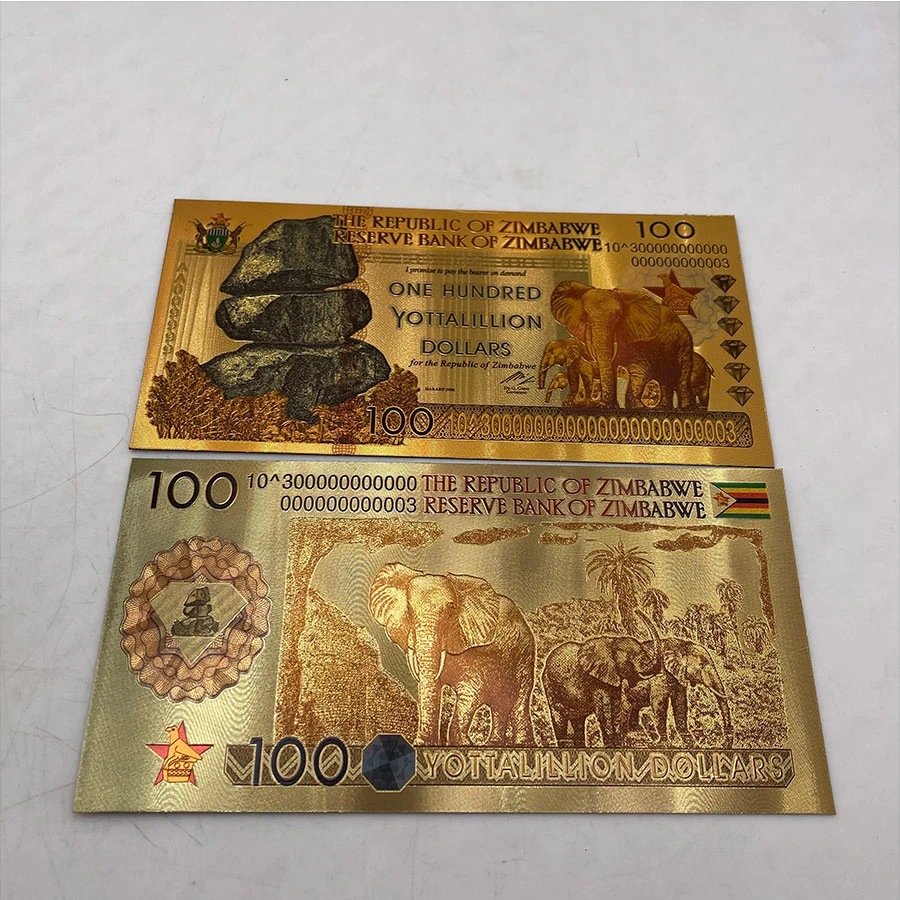 100pcs Zimbabwe Gold Banknote One Hundred Yottalillion Dollars Zimbabwe Elephant Banknote For