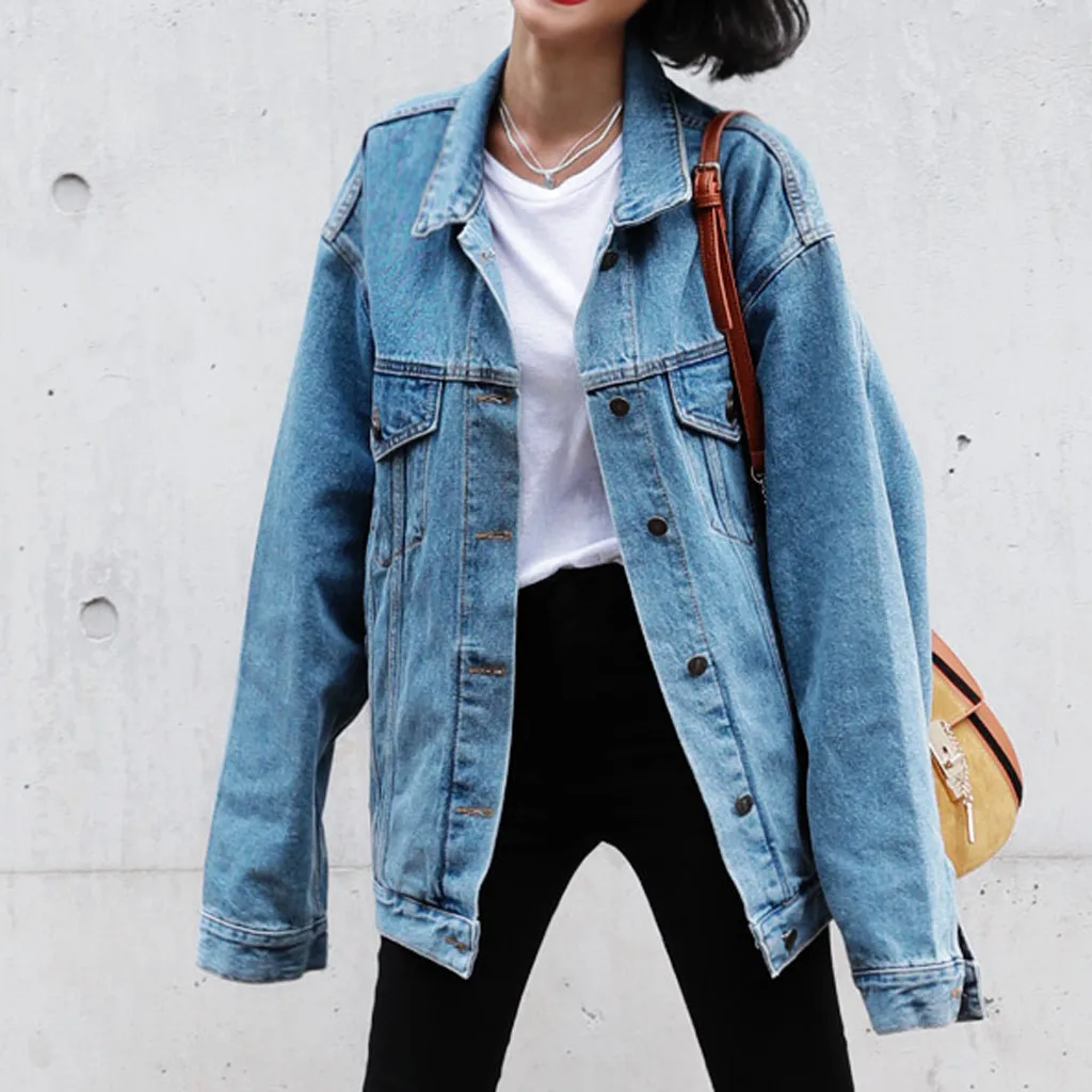 

Women Loose Long Sleeve Jeans Coat Retro Cowboy Denim Loose Casual veste en jean femme fashion womens jackets and coats 2019