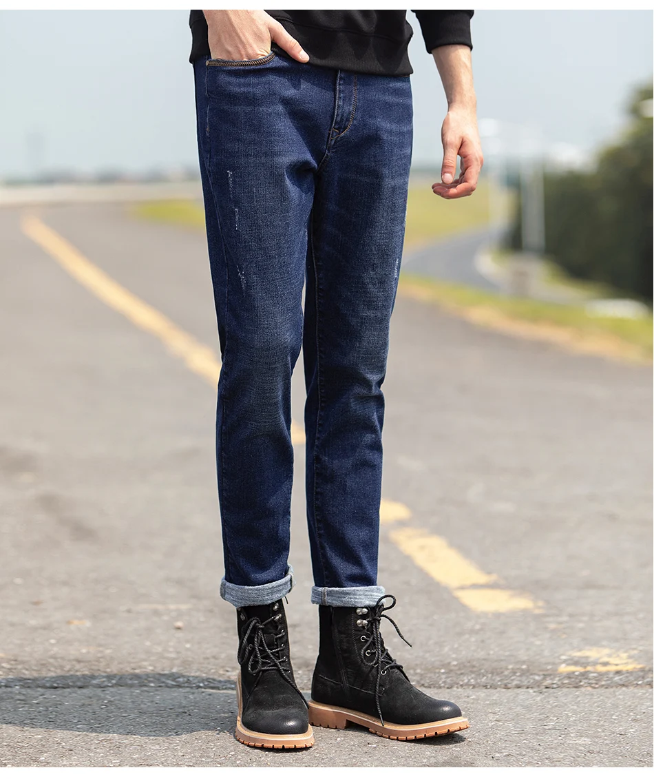 Пионерский лагерь теплые флисовые джинсы для мужчин Уличная темно-синий сплошной цвет прямые повседневные брюки для мужчин ANZ901544T