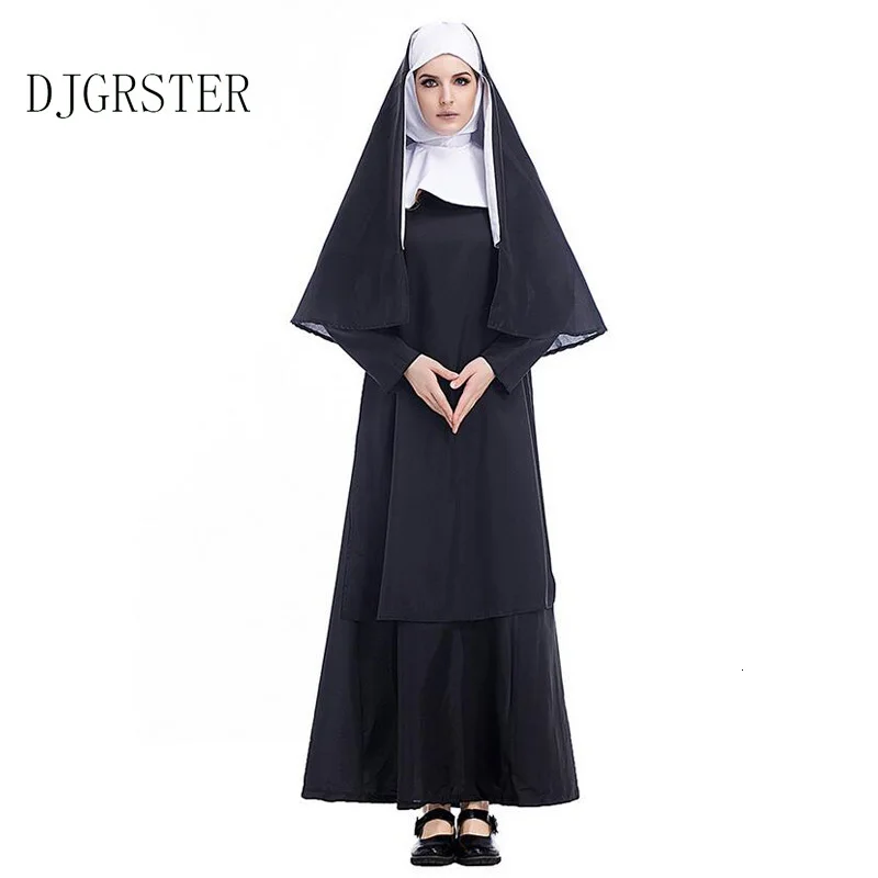 DJGRSTER Virgin Mary Nuns Costumes for Women Arabic Religion Monk Ghost Uniform Halloween Sexy Long Black Nuns Costume Cosplay  (6)