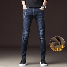 Мужские модные зимние джинсы, Мужские Черные синие облегающие Стрейчевые плотные вельветовые брюки, теплые джинсы, повседневные флисовые мужские брюки, C820