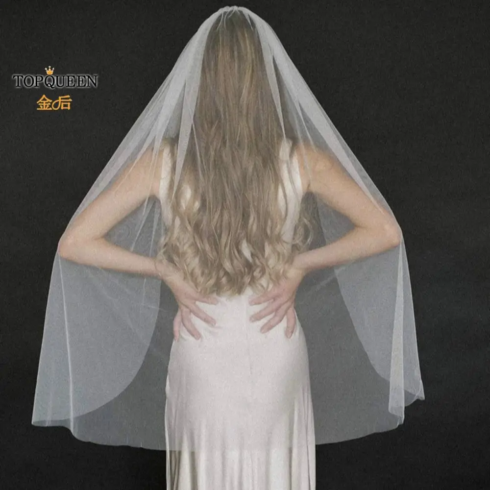 TOPQUEEN V30 1 Tier Cute Edge Bridal Wedding Veil for Bride Elegant Wedding Short with Comb Elbow Length Cathedral High Quality