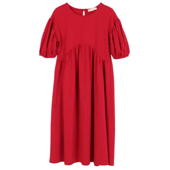

6 to 16 years kids & teenager girls summer puff sleeve cotton casual flare midi dress children girl fashion solid red dresses