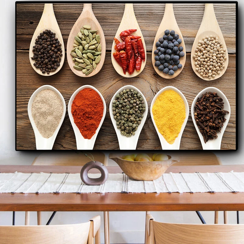 

Kitchen Canvas Painting Grains Spices Spoon Peppers Cuadros Scandinavian Posters and Prints Wall Art Food Picture Living Room