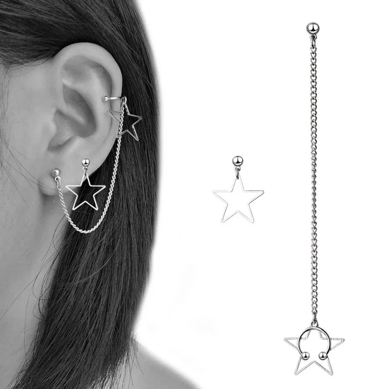QIMING асимметричные серьги в форме полой звезды, клипсы для ушей, панк серьги в стиле хип-хоп, хип-хоп, цепочка для ушей, серебряные модные серьги-гвоздики, подарок