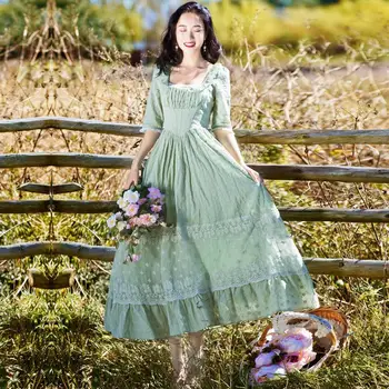 

Summer WOMEN'S Dress French GIRL'S Retro Gentle-Style Square Collar High-waisted Mint Green Dress Elegant Ladies' Swinging dress