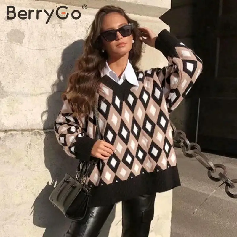 

BerryGo Vintage v-neck plaid sweater pullover women Long sleeve streetwear ladies jumper Autumn winter knitted female sweater