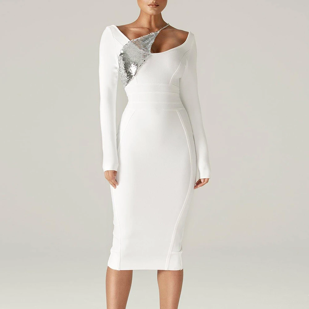 Christmas Party Outfit 2022 Long Sleeve Bandage Dress 2022 Christmas New Year White Bandage Dress  Bodycon Women Sexy Sequined Party Dress Evening Outfits|Dresses| -  Aliexpress