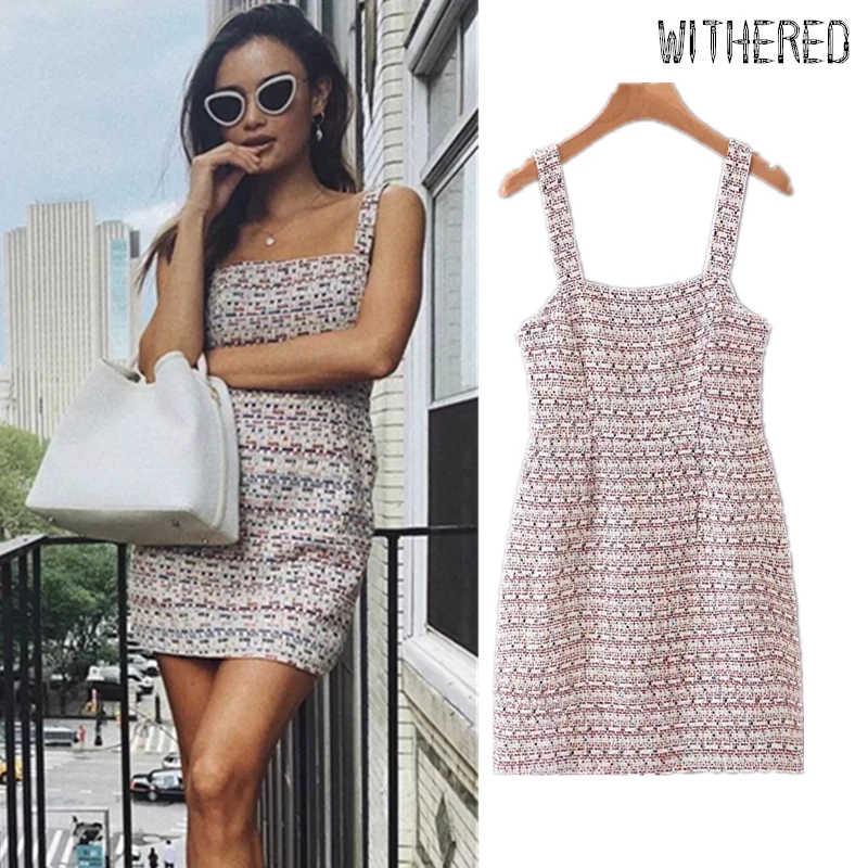 

Withered 2019 fashion blogger sexy tweed strapless tank Woolen dress women vestidos de fiesta de noche mini party dress blazer