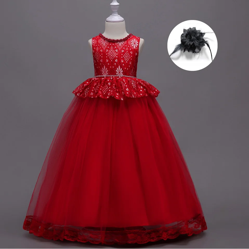 Детские вечерние платья для девочек с цветочной аппликацией; цвет красный, бордовый, мятный, зеленый, синий; детские длинные вечерние платья для свадьбы; онлайн - Цвет: red