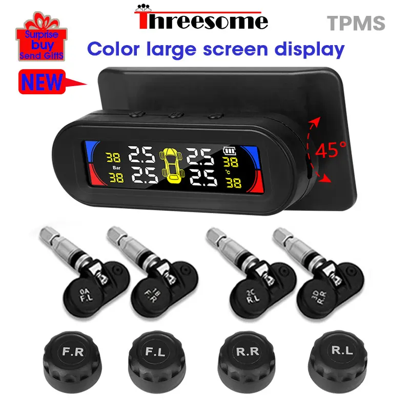 

TPMS color large screen wireless tire pressure temperature alarm monitoring system solar charging IP67 waterproof tpms sensors