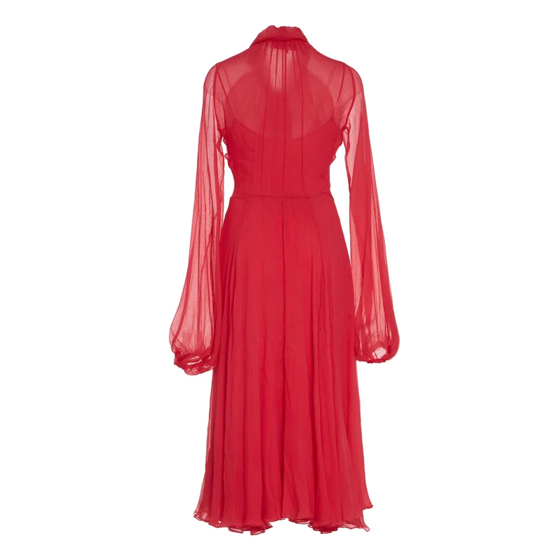 Розовое Элегантное однобортное Плиссированное женское платье миди с бантом и длинным рукавом-фонариком весеннее модное дизайнерское платье для подиума