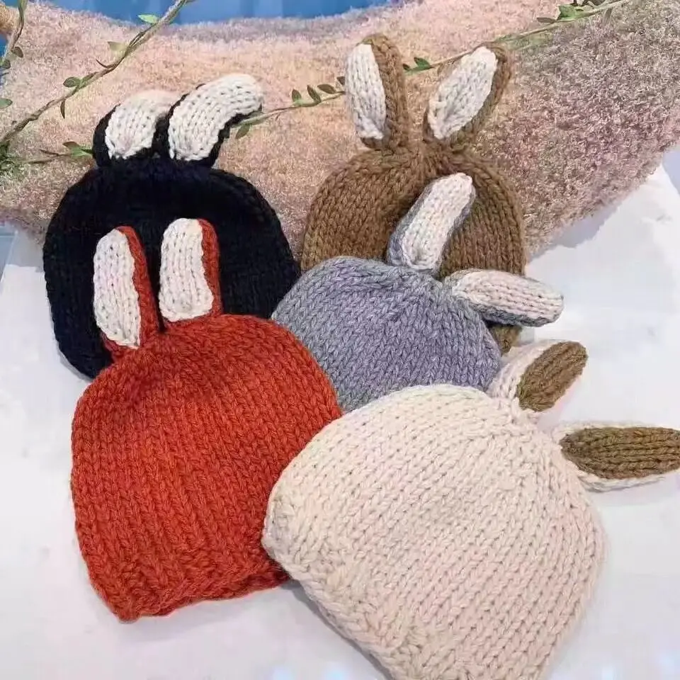 Детская кепка для мальчиков и девочек ручная работа Кролик уши милые шапки маленькие детские шерстяные вязаные осенние и зимние повседневные Шапки