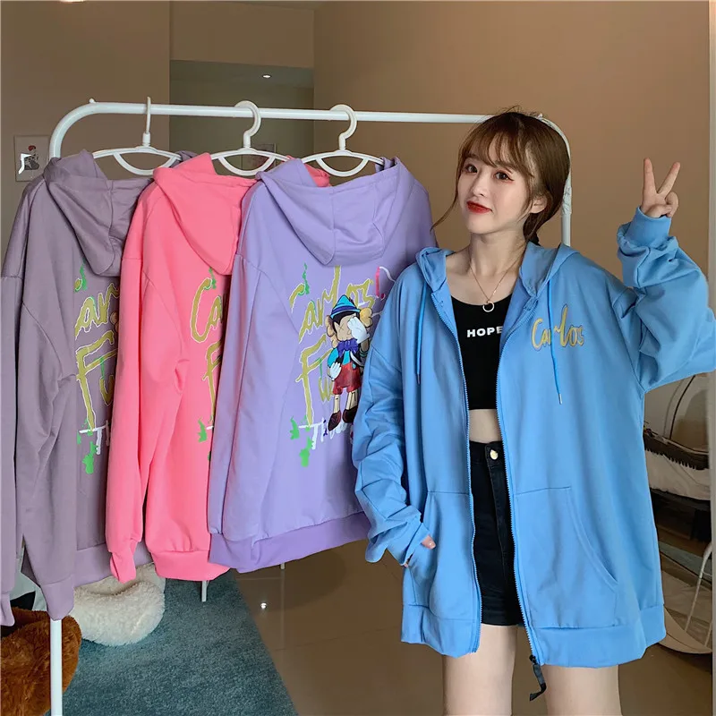 

2020 Autumn Women's New Oversize Zipper Printing Causal Fresh Sweet Hoodie Coat