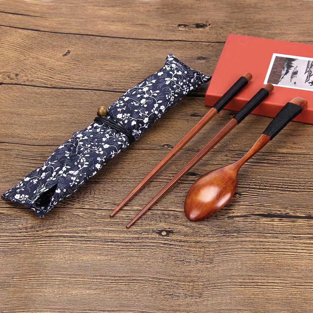 Portable Wooden Chopsticks Spoon Tableware Set Vintage + Blue Bag Brand
