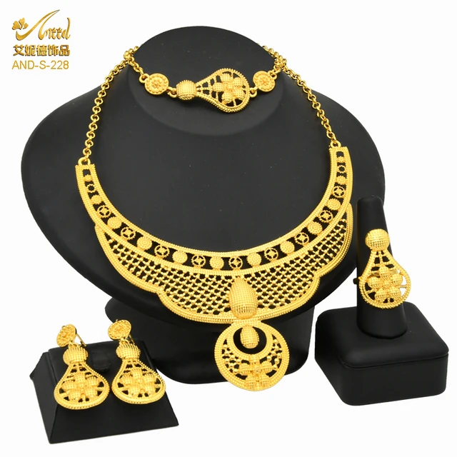 Indian Jewelry Set Wedding 24k Gold Color African Jewelry Dubai Bridal Sets Nigerian Necklace Bracelet Earring Gold Jewellery S-228-Gold