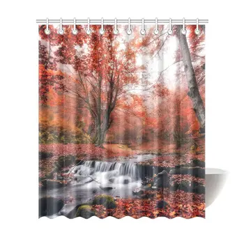 

Autumn Landscape Beautiful Waterfall in Red Forest Home Decor Waterproof Polyester Bathroom Shower Curtain Bath with Hooks,