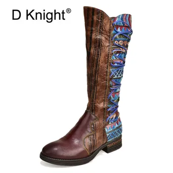 

Handmade Winter New Women Knee High Boots Retro National Women's Genuine Leather Western Boots Vintage Long Boots Ladies Shoes
