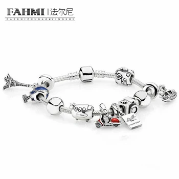 

2020 100% 925 Sterling Silver Round The World Bracelet Set Hot Air Balloon Camera Aircraft Charm Stringing Bracelet Set