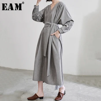

[EAM] Women Gray Bandage Split Joint Big Size Dress New V-Neck Long Sleeve Loose Fit Fashion Tide Spring Autumn 2020 JQ745