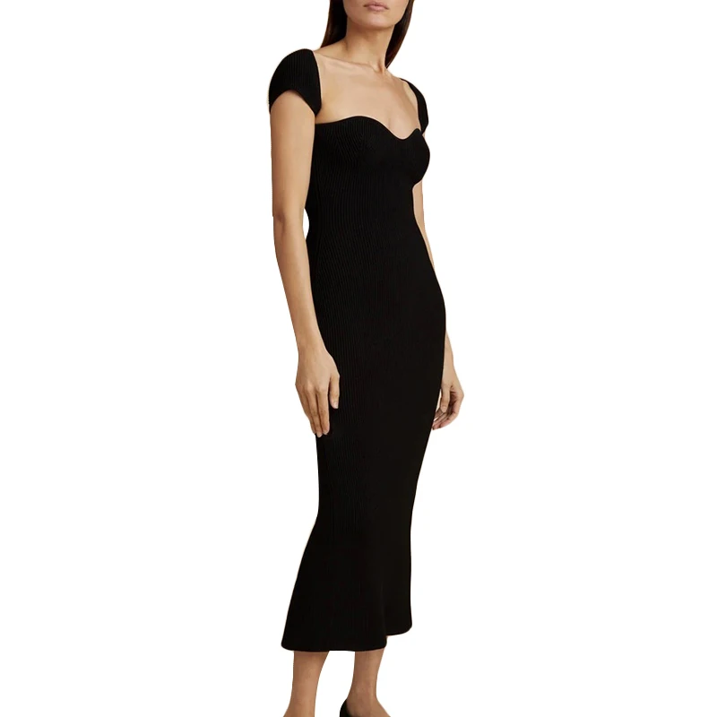 TWOTWINSTYLE Vntage Slim Knitting Women Dress Square Collar Short Sleeve High Waist Midi Dresses For Female Fashion 2020 Clothes