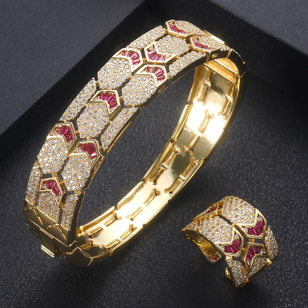 Red-18K gold Jankelly Роскошный Уникальный Африканский браслет кольцо набор ювелирных изделий для женщин Свадебные с кубическим Цирконом Кристалл CZ Дубай Свадебный комплект ювелирных изделий - Окраска металла: Red-18K gold