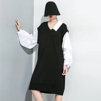 

LANMREM 2020 New Spring Fashion V-neck Puff pleated Sleeve Fake Two-piece Stitching Pullover Dress Female PA956