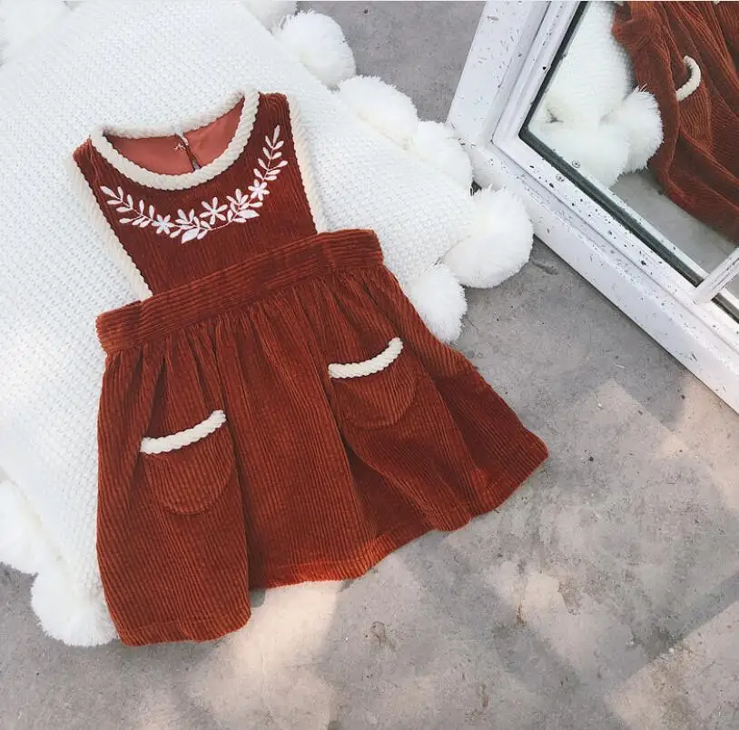 

2019 Fall Corduroy Embroidery Vest Dresses For Girls Princess, Children Elegant Dress 6 pcs/lot, Wholesale