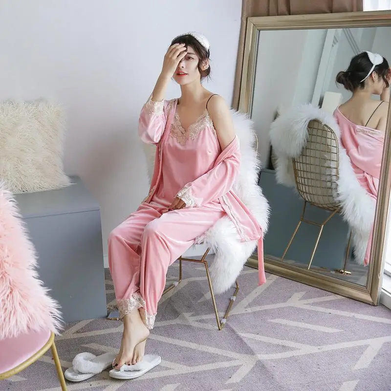 Сексуальный женский велюровый пижамный комплект, женский топ на бретелях, штаны, одежда для сна, домашняя одежда, три предмета, ночная рубашка, кимоно, халат, банное платье, ночная рубашка - Цвет: Розовый
